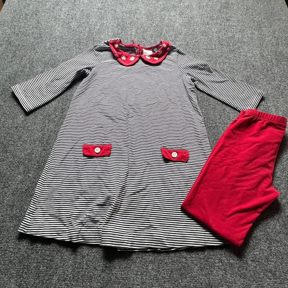 Hanna Andersson Girls Striped Daisy Collar Dress and Leggings Set Size 10 Red